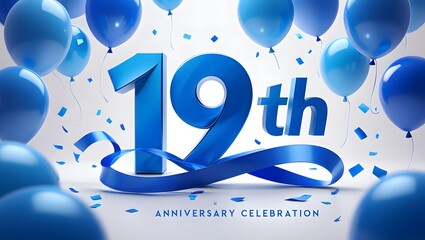 Nineteenth anniversary celebration with blue balloons and ribbons isolated on white background for a festive and joyful event, a special milestone