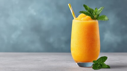 A refreshing mango smoothie garnished with mint leaves, served in a tall glass with a straw, against a soft blue background.