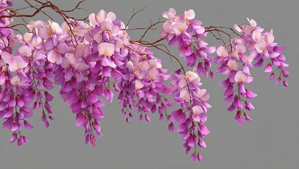 A wisteria branch, laden with delicate, light-pink flowers, hangs against a neutral gray background.  Detailed, realistic rendering