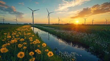 Sunset over a field of sunflowers and wind turbines