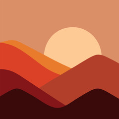 Vector art of minimalist abstract mountain landscape at sunset with warm colors