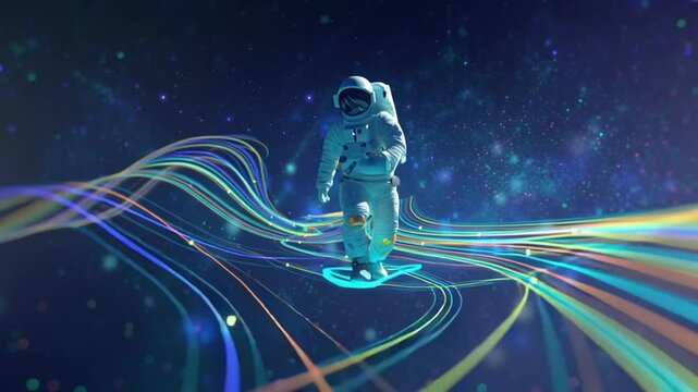 Astronaut walking glowing neon M&ouml;bius strip floating starfield, vibrant fourth dimensional loops, time fragments swirling clocks, surreal sci-fi bright neon stripes trailing boots, 3D interstellar