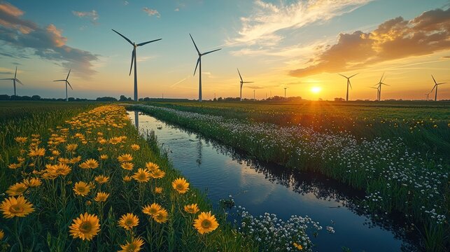 Sunset over a field of sunflowers and wind turbines