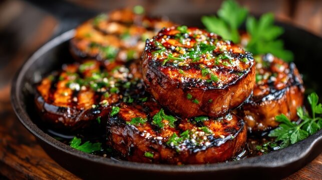 Deliciously caramelized grilled pork chops served on a cast iron skillet, garnished with green herbs, representing a mouthwatering culinary experience for meat lovers.