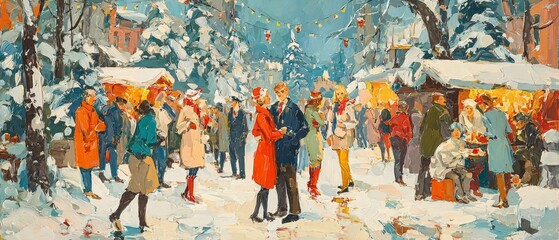 Naklejka premium Winter wonderland painting of a snowy village christmas market in europe watercolor landscape festive gathering scene