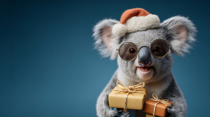 Koala in Santa hat with sunglasses holding gift box. Christmas celebration concept.
