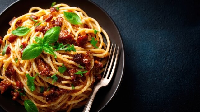 This image showcases a plate of spaghetti pasta topped with rich tomato sauce, garnished with fresh basil leaves, and plated elegantly for a delicious meal experience.