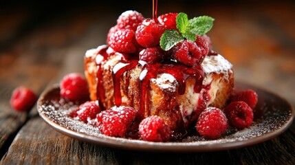 A scrumptious serving of French toast adorned with raspberries and luscious syrup, the perfect dessert or breakfast that delights the senses and invites indulgence.