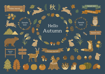 Autumn leaves and forest animals illustration set © Spiharu