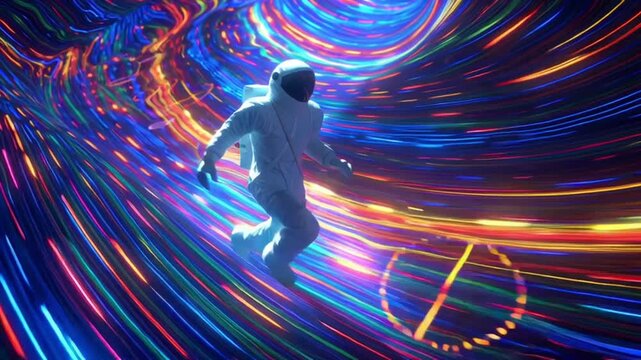 Astronaut walking glowing neon M&ouml;bius strip floating starfield, vibrant fourth dimensional loops, time fragments swirling clocks, surreal sci-fi bright neon stripes trailing boots, 3D interstellar