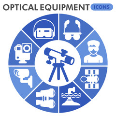 Optical equipment symbols collection or sketches, optics production theme glyph bubbles style signs for web and app. Vector graphics isolated on white background.