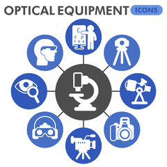 Optical equipment symbols collection or sketches, optics production theme glyph bubbles in thin line style signs for web and app. Vector graphics isolated on white background.