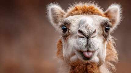 Fototapeta premium Funny close-up portrait of a camel sticking out tongue 