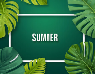 Summer banner template, frame with tropical leaves,monstera, palm tree. Hello summer. Space for text.Poster, template for social media, banner, postcard. Cartoon illustration