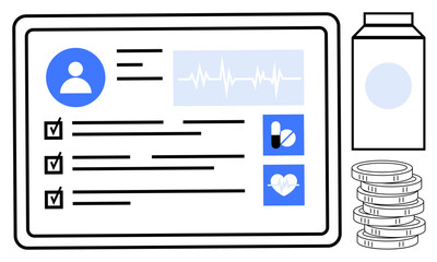 Tablet displaying patient data, heart monitor, medication icons, checklist marks. Accompanied by pill bottle and currency stack. Ideal for healthcare, technology, management, insurance finance