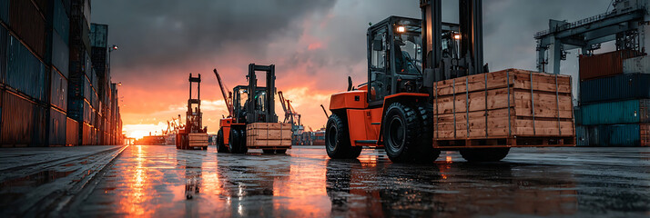 Forklifts transporting crates at industrial shipping yard at sunset