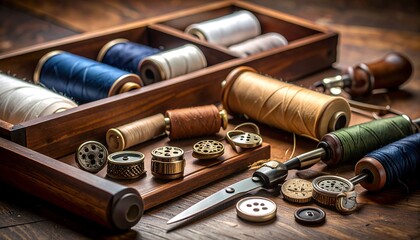 Vintage Sewing Tools and Threads in Wooden Box