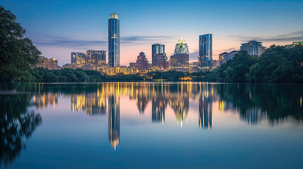 Obraz premium AI Generated - Atlanta skyline at dusk, with the reflection of the buildings and trees in the water below. Commercial illustration artwork for business applications. High-resolution. Premium quality.