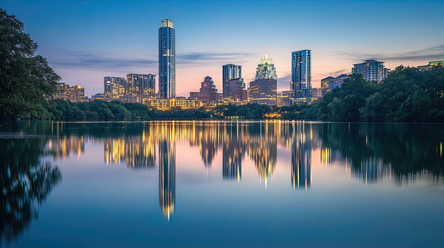 AI Generated - Atlanta skyline at dusk, with the reflection of the buildings and trees in the water below. Commercial illustration artwork for business applications. High-resolution. Premium quality.