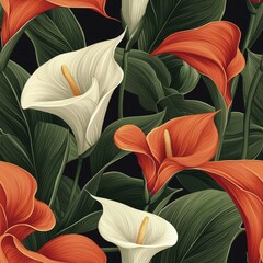 Calla lilies flowers plants floral blooming botanical seamless pattern ornament design, tile