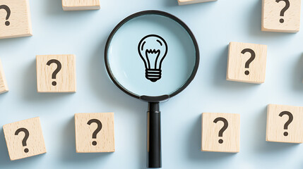 Seeking Solutions: Lightbulb in Magnifying Glass amidst Question Mark Blocks, symbolizing discovery and idea generation. Solving puzzles and finding answers.