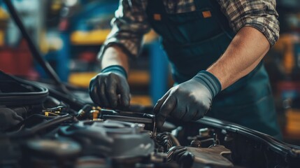 Obraz premium A mechanic working on a car engine in a workshop.