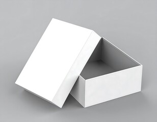 Blank white shoebox with an open lid on a grey background. Clean cardboard packaging mockup for product branding or presentation.