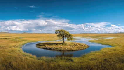 Solitary tree on a circular island in a tranquil marsh.  Vast golden meadow stretches under a vibrant blue sky with puffy clouds.  Tranquil, serene, and awe-inspiring landscape