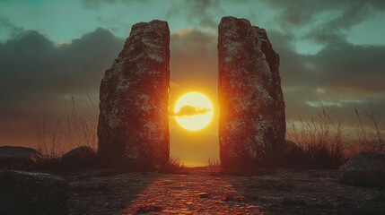 AI Generated - Stunning sunset over a stone circle in the middle of a field, surrounded by lush green grass and rocks. Professional stock photography for commercial use. High-resolution. Premium.