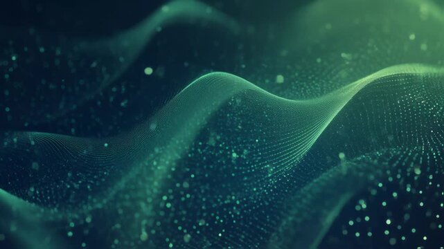 Mesmerizing and captivating green abstract waves interlaced with glowing particles flowing smoothly and elegantly