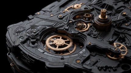 Close-up of intricate watch mechanism, dark grey/black case, golden gears