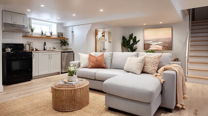 Cozy basement living room with kitchenette, showcasing interior design elements and functional living space