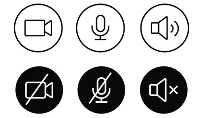 Speaker, mic and video camera icon set, Conference icon set, Mute and unmute symbols, Microphone, video, audio sound, mute, off concept