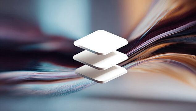 Abstract background with three stacked white squares.  A soft-focus, blended image features flowing, colorful lines in various shades of brown, orange, purple, and blue.   - Powered by Adobe