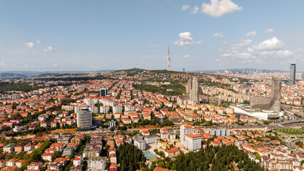 Aerial drone view of Camlica Television Radio Tower, Istanbul Turkey. Communications Tower with observation decks and restaurants, TV Tower with modern architecture, close flying