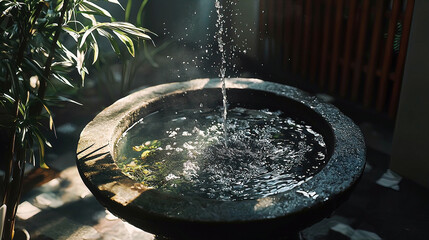 AI Generated - Small fountain in the middle of a garden, with water cascading down from the top. Professional stock photography for commercial use. High-resolution. Premium quality. Professional.