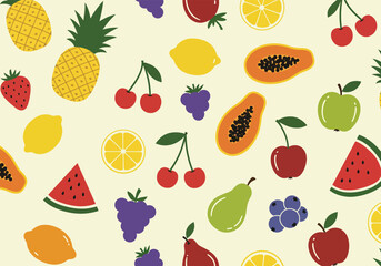 A seamless pattern featuring a variety of fruits, including pineapples, lemons, and watermelons, creating a vibrant and refreshing background for various designs