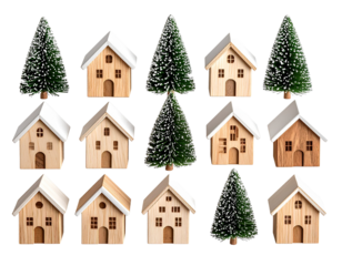  Rustic Wooden Christmas Village with Minimalist Nordic Design, Top View, Transparent Background