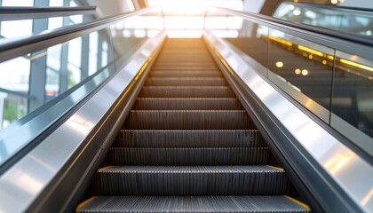 Fototapeta premium Sunlit Ascent: Low-Angle View of a Modern Escalator Leading Towards a Bright, Golden Light