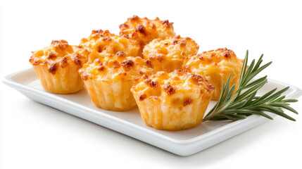 Mac N cheese. Macaroni pasta mixed with melted cheddar cheese, Classic American bar appetizer, loaded Mac n cheese. Mac and cheese on white plate. 
