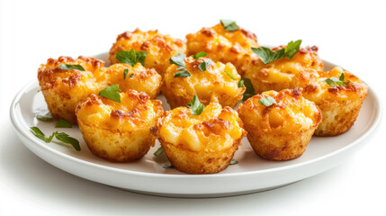 Fototapeta premium Mac N cheese. Macaroni pasta mixed with melted cheddar cheese, Classic American bar appetizer, loaded Mac n cheese. Mac and cheese on white plate. 