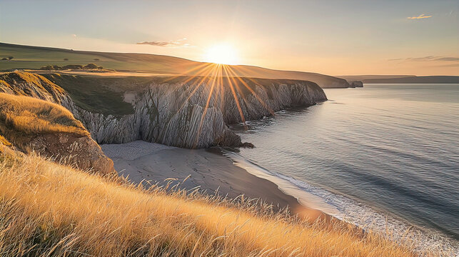 AI Generated - White cliffs of Dover at sunset, with the water on the right side, grass on the left side, and hills in the background. Professional stock photography for commercial use. - Professional