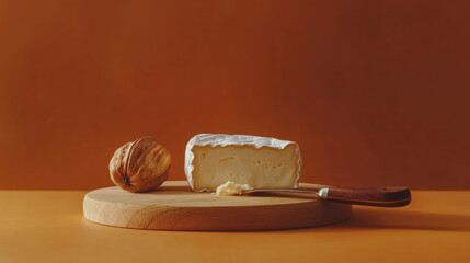 a slice of a delicious square of creamy camembert with a cheese knife on a bright wooden serving board, on orange background. 3d illustration.