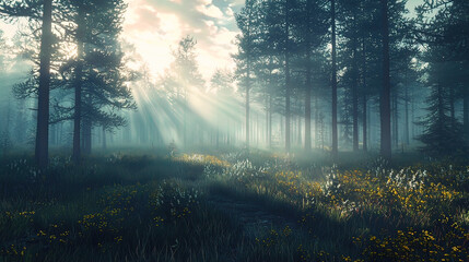 Fototapeta premium AI Generated - Lush green forest with sunbeams shining through the trees, illuminating the grass and plants with vibrant yellow flowers. Professional stock photography for commercial use. -