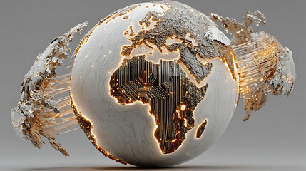 Futuristic digital globe with circuitry and illuminated continent