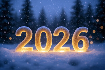 Decorative snowy 2026 sign with glowing lights during a winter evening in a forest setting
