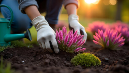 Gardener planting pink flowers in soil at sunset gardening