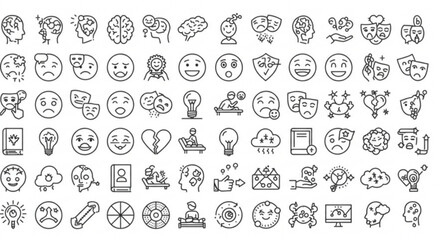Collection of mental health and emotional well being icons in outline style representing therapy needs vreated with genrated ai