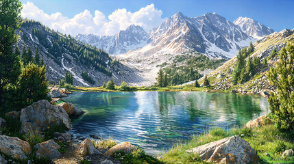 AI Generated - Beautiful landscape of a mountain lake surrounded by lush green grass, plants, and trees, with snow-capped mountains in the background and a sky filled with clouds. Professional stock.
