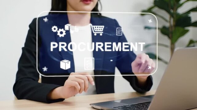 Businesswoman Navigating Procurement Process on Virtual Screen, Typing on Laptop. E-Commerce, Supply Chain Management Concept. - Powered by Adobe